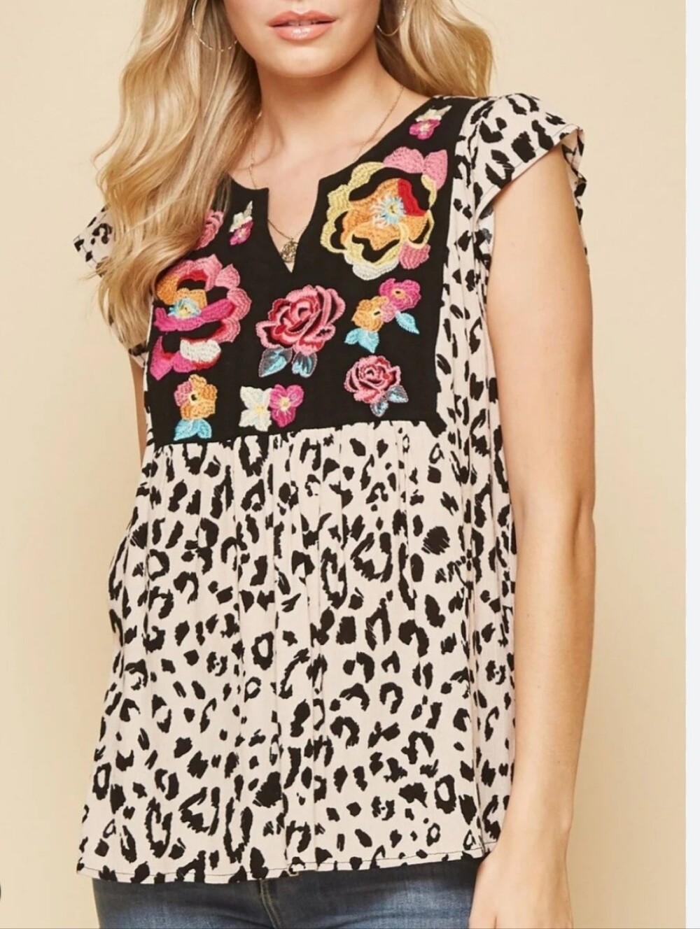 Savanna Jane MBlack Top with Cream Leopard Print and Multicolor Floral Embroider